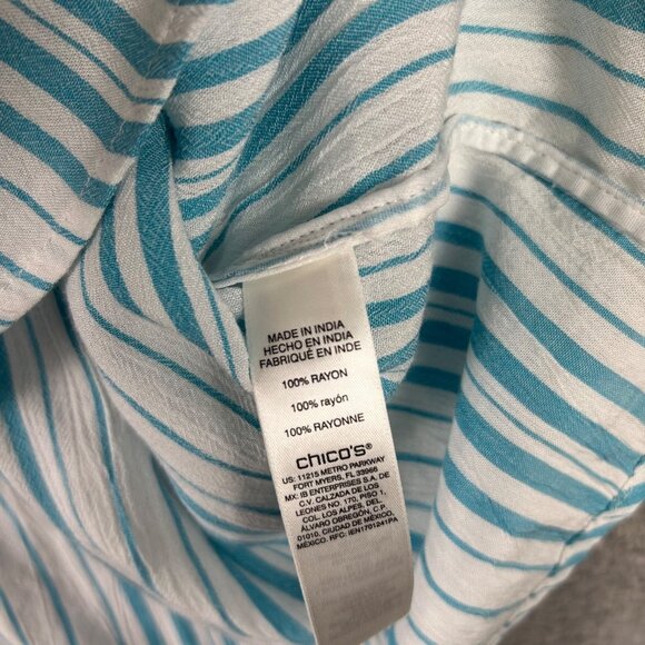 Chico's Top Women 2 White Blue Stripe 3/4 Sleeve Button Front Casual Blouse NWOT - Picture 9 of 11